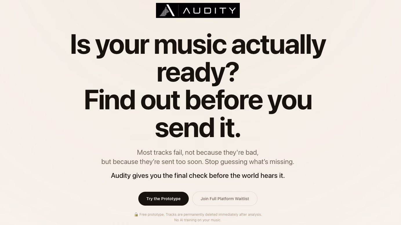 Audity homepage: “Is your music actually ready? Find out before you send it.”