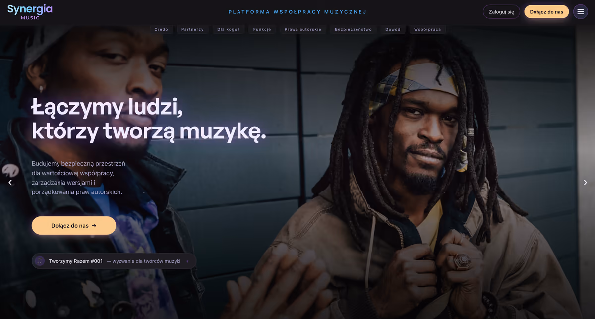 Synergia Music homepage, slide 1: “Łączymy ludzi, którzy tworzą muzykę” (We connect people who create music)