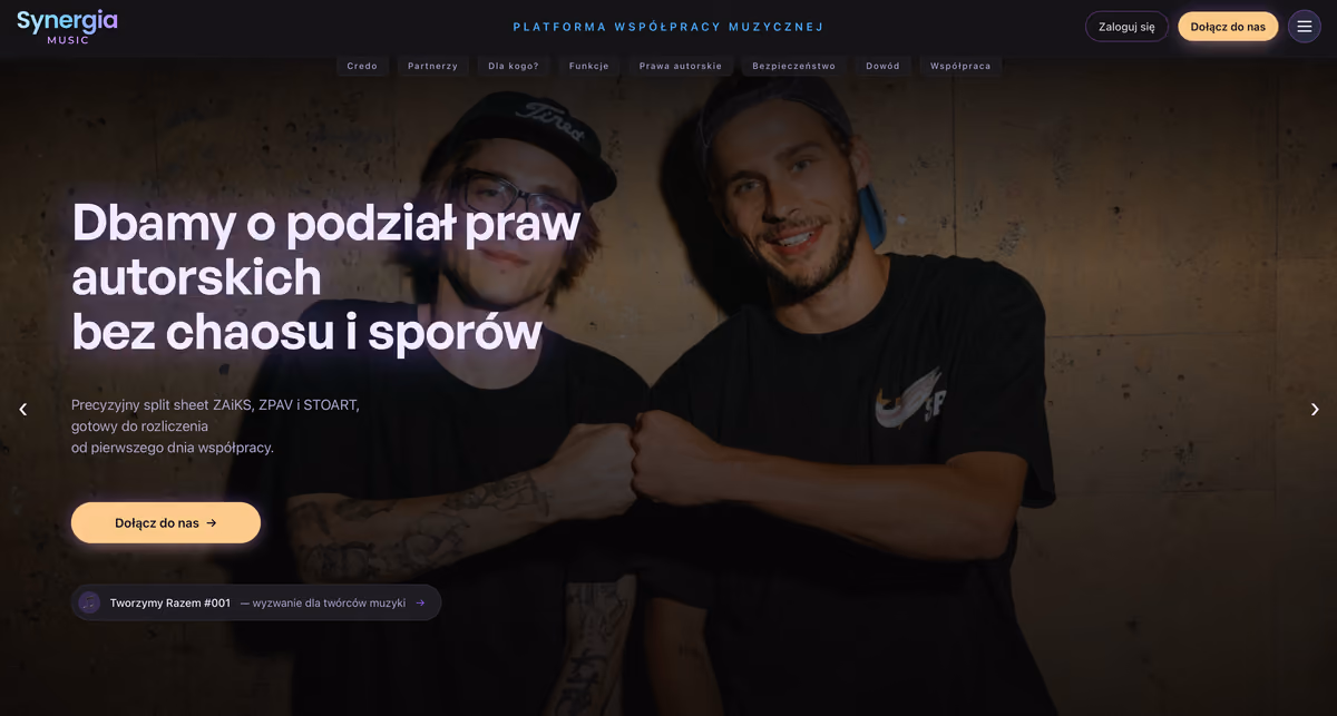 Synergia Music homepage, slide 2: “Dbamy o podział praw autorskich bez chaosu i sporów” (Copyright splits without chaos or disputes)
