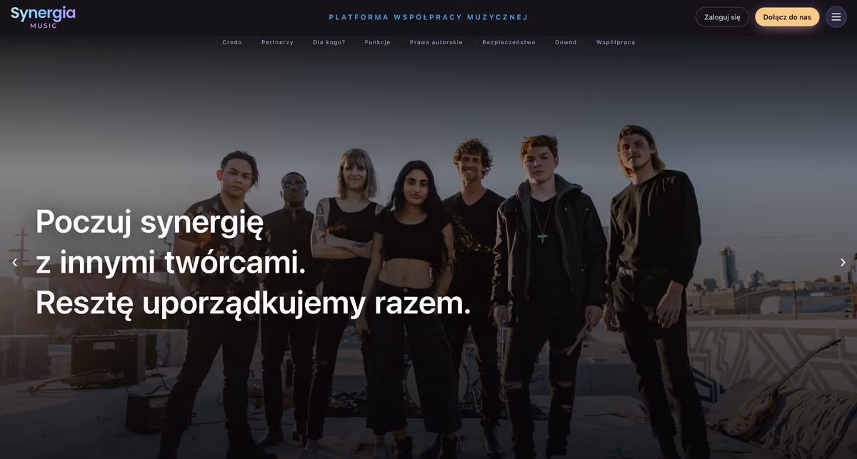 Synergia Music homepage, slide 3: “Poczuj synergię z innymi twórcami. Resztę uporządkujemy razem.” (Feel the synergy with other creators. We'll sort out the rest together.)